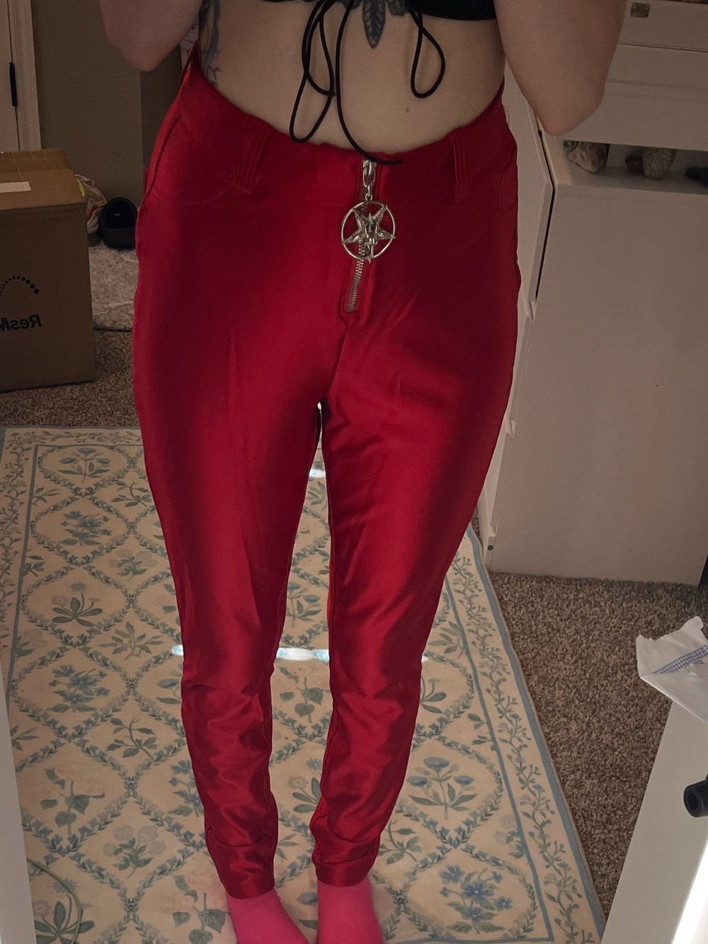Killstar Red Satin High-Waist Skinny Pants with Pentagram Charm